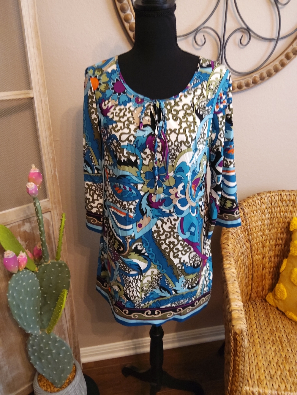 Nicole Blue Multi-Print Tie-Neck Tunic